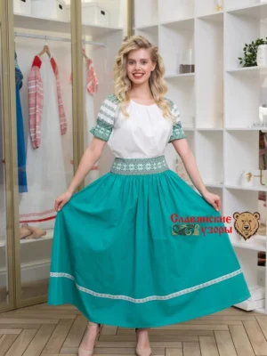 Блуза льняная Чаровница зеленая на белом