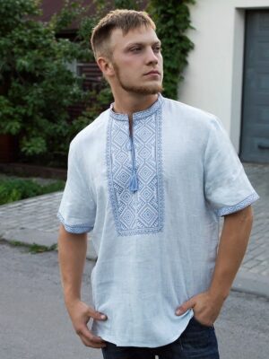 Рубаха Тихомир небесная (короткий рукав)